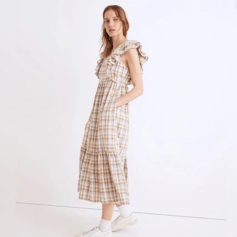 Madewell Plaid Ruffled Midi Dress in White and Tan